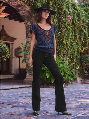 Johnny Was Navy Embroidered Floral Peasant Top